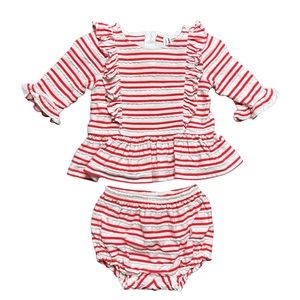 Janie and Jack coral red and white striped ruffle outfit size 3-6 months